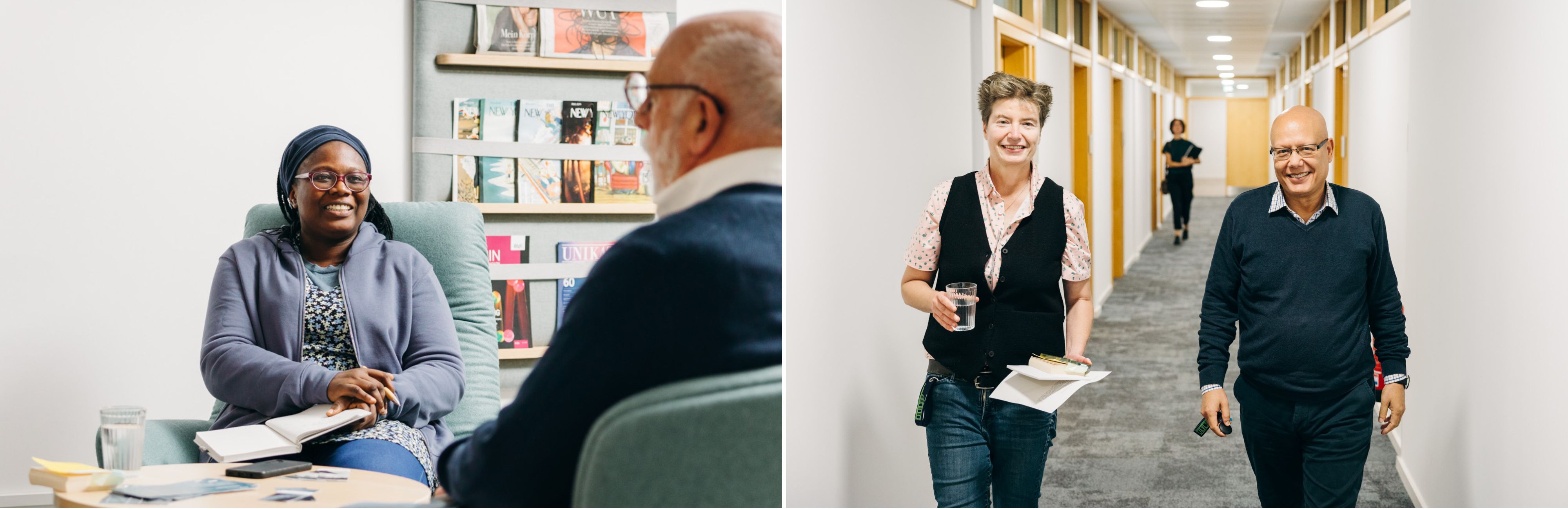 left: a Senior Fellow sitting in a chair and talking to a second fellow seen in profile; right: two fellows walking down the hallway beside each other